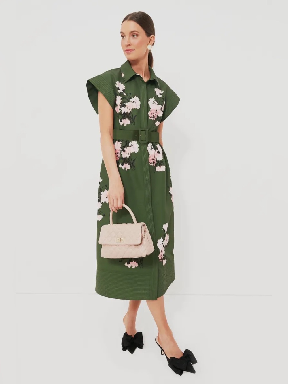 Tuckernuck Chloe Dress Olive and Pressed Powder Belted Midi Short Sleeve M - Picture 4 of 7
